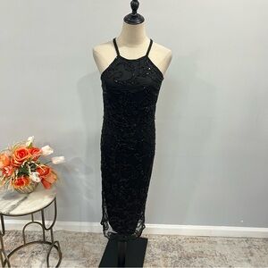 # Lauren Ralph Lauren Black Beaded Embellished Halter Neck Midi Dress - Reemoly